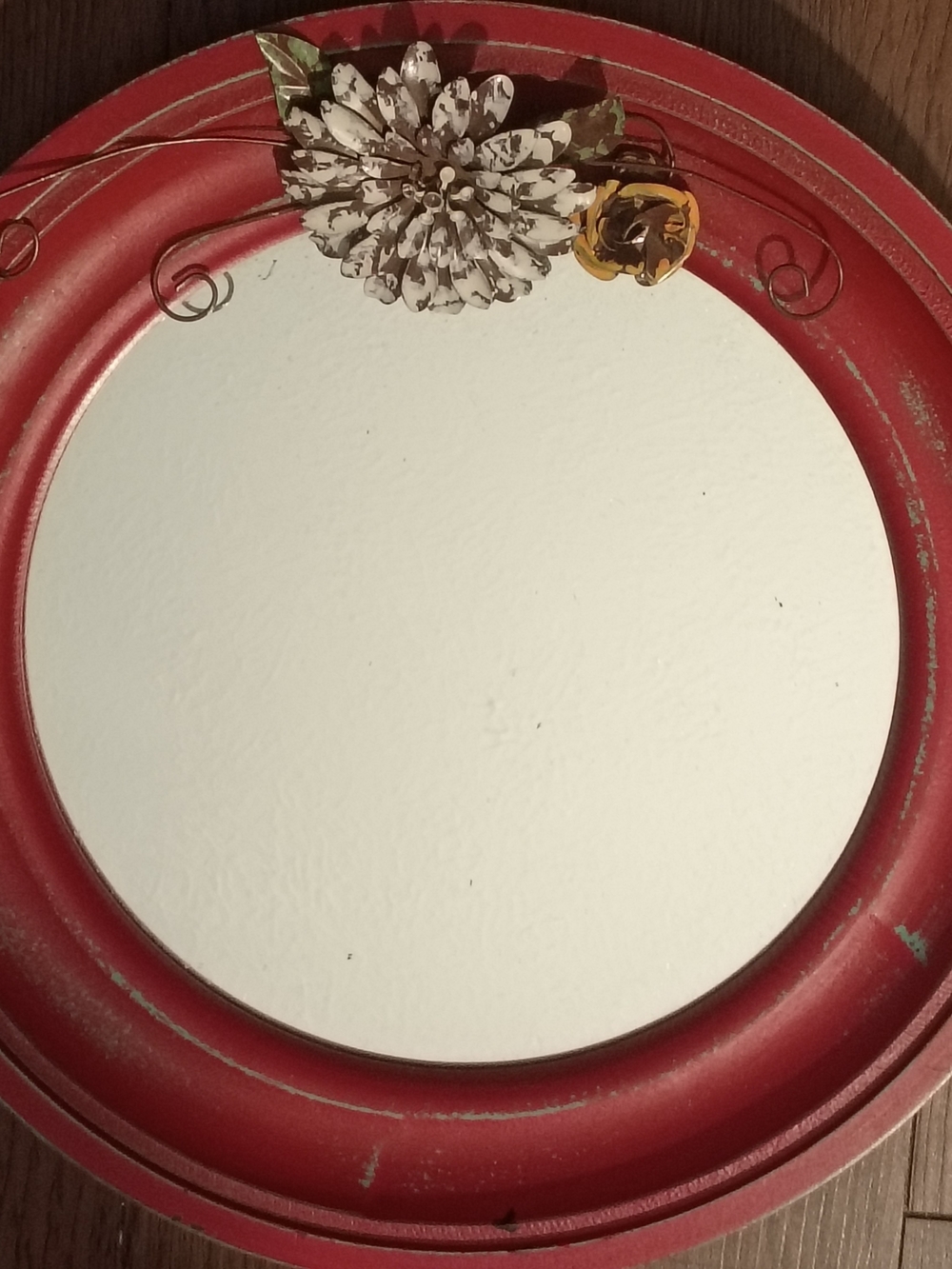 Red Decorative Round Wall Mirror with Floral Accent - Unbranded